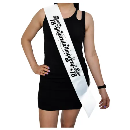 Szarfa BIAŁA Osiemnastka Słodka 18 Gwiazda imprezy